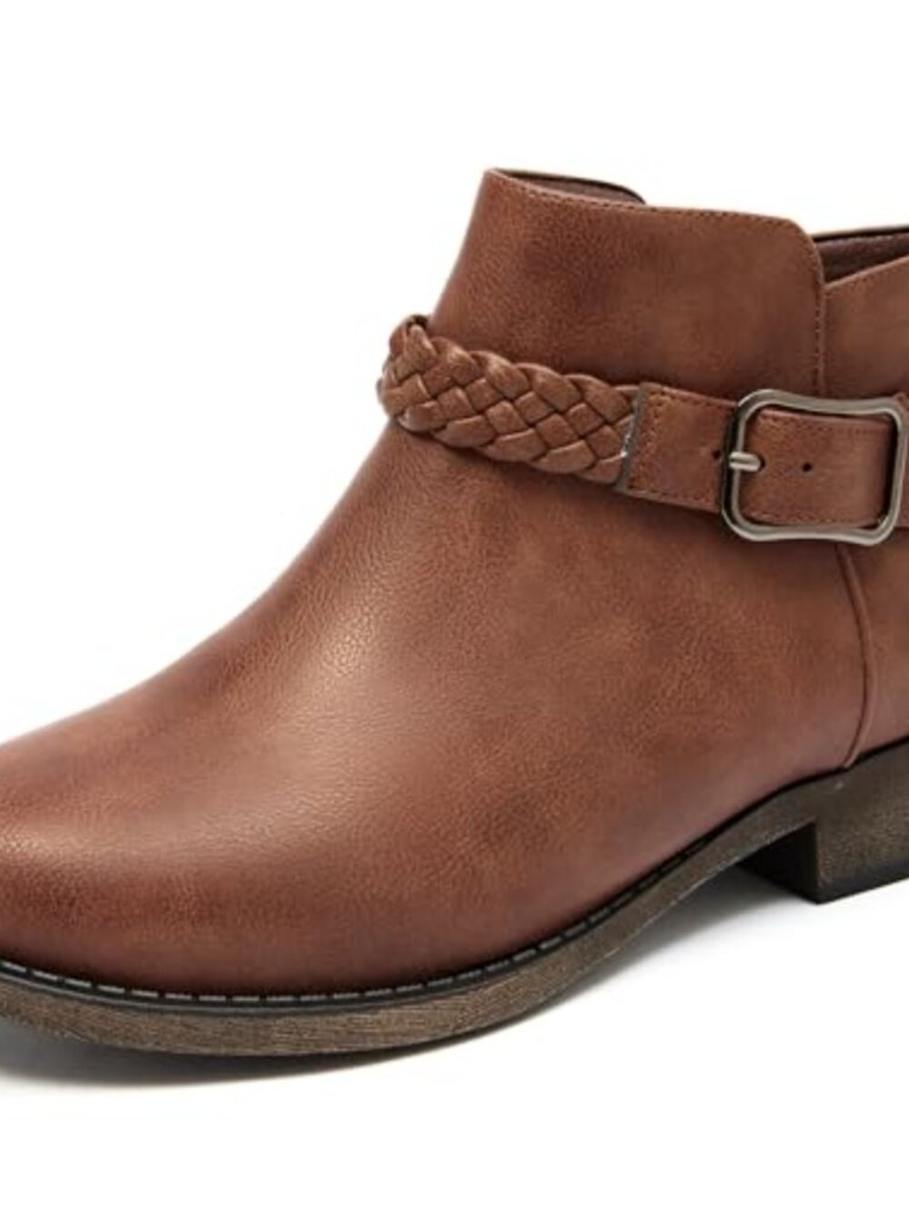 Faux Leather Ankle Boots Low Heel Side Zip Round Toe Dressy Booties